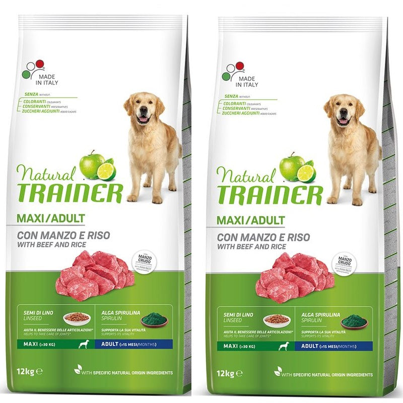 2x12kg Natural Trainer Maxi Adult con Manzo e Riso - Crocchette Cane 2x12kg Natural Trainer Maxi Adult con Manzo e Riso - Crocchette Cane